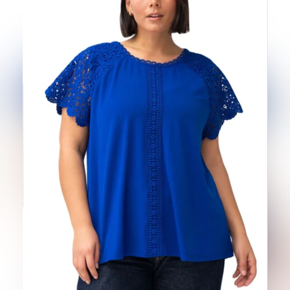 🆕"Cable & Gauge" Ladies' Lace Trim Crew Neck Short Sleeve